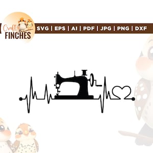May include: Black silhouette of a sewing machine integrated into a heartbeat line, transitioning into a heart shape. The image includes the text "Crafty Finches" and file type indicators: SVG, EPS, AI, PDF, JPG, PNG, and DXF.