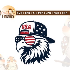 May include: A graphic illustration of a bald eagle head wearing a dark blue baseball cap with white stars and the red text USA on the front. The eagle is wearing sunglasses with a red and white striped lens pattern. The design includes file formats.