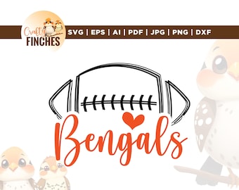 Puede incluir: Un diseño digital con un gráfico de fútbol americano negro con la palabra "Bengals" en escritura naranja y un corazón rojo. El diseño incluye el texto "SVG | EPS | AI | PDF | JPG | PNG | DXF" y el logotipo "Crafty Finches".