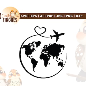 Könnte beinhalten: Ein schwarzes digitales Grafikdesign mit einer Weltkartensilhouette, die von einer geschwungenen Linie umgeben ist, welche über einem fliegenden Flugzeug eine Herzform bildet. Der Text Crafty Finches und die Formate SVG, EPS, AI, PDF, JPG, PNG, DXF sind sichtbar.