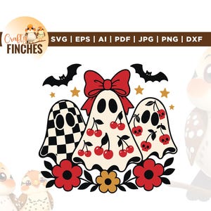 May include: A digital graphic design featuring three ghosts. The left ghost has a black and white checkerboard pattern. The center ghost wears a large red bow and has a cherry print. The right ghost features a cherry and skull print.