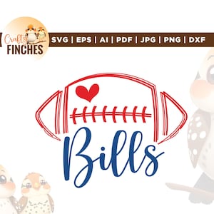 Op de afbeelding: Een rood-blauwe afbeelding met een voetbalvorm met een hart en het woord "Bills" in een scriptlettertype. De afbeelding bevat de tekst "Crafty Finches" en bestandstype afkortingen: SVG, EPS, AI, PDF, JPG, PNG en DXF.