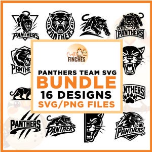 May include: A digital collection of 16 black and white panther graphic designs featuring various poses and the text PANTHERS TEAM SVG BUNDLE 16 DESIGNS SVG/PNG FILES. The central logo displays the text Crafty Finches with two small birds.