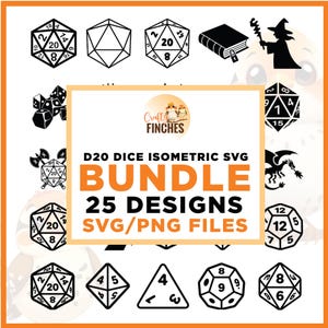 Puede incluir: Una colección de diseños de dados D20 en blanco y negro, un paquete SVG isométrico con 25 diseños. La imagen incluye varias formas de dados, un libro, un mago y un dragón. El texto en la imagen dice "D20 Dice Isometric SVG Bundle 25 Designs SVG/PNG Files."