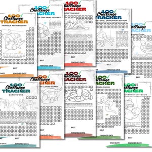May include: A collection of Jiu-Jitsu challenge trackers. Each tracker features a different technique, such as the triangle from bottom or the arm triangle, with illustrations and space to mark progress. The trackers are labeled with the text "100 Challenge Tracker".