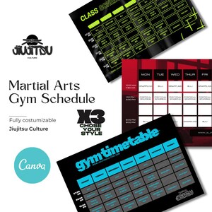 May include: A martial arts gym schedule featuring a black and red design with a blue and white timetable. The schedule includes class times and types, with the Jiu-Jitsu Culture logo and Canva branding. The text "Martial Arts Gym Schedule" is prominently displayed.