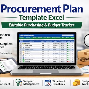 May include: A laptop displaying a procurement plan template in Excel, with the title "Procurement Plan Template Excel." Additional items include a calculator, clipboard, magnifying glass, and a box labeled "Approved."