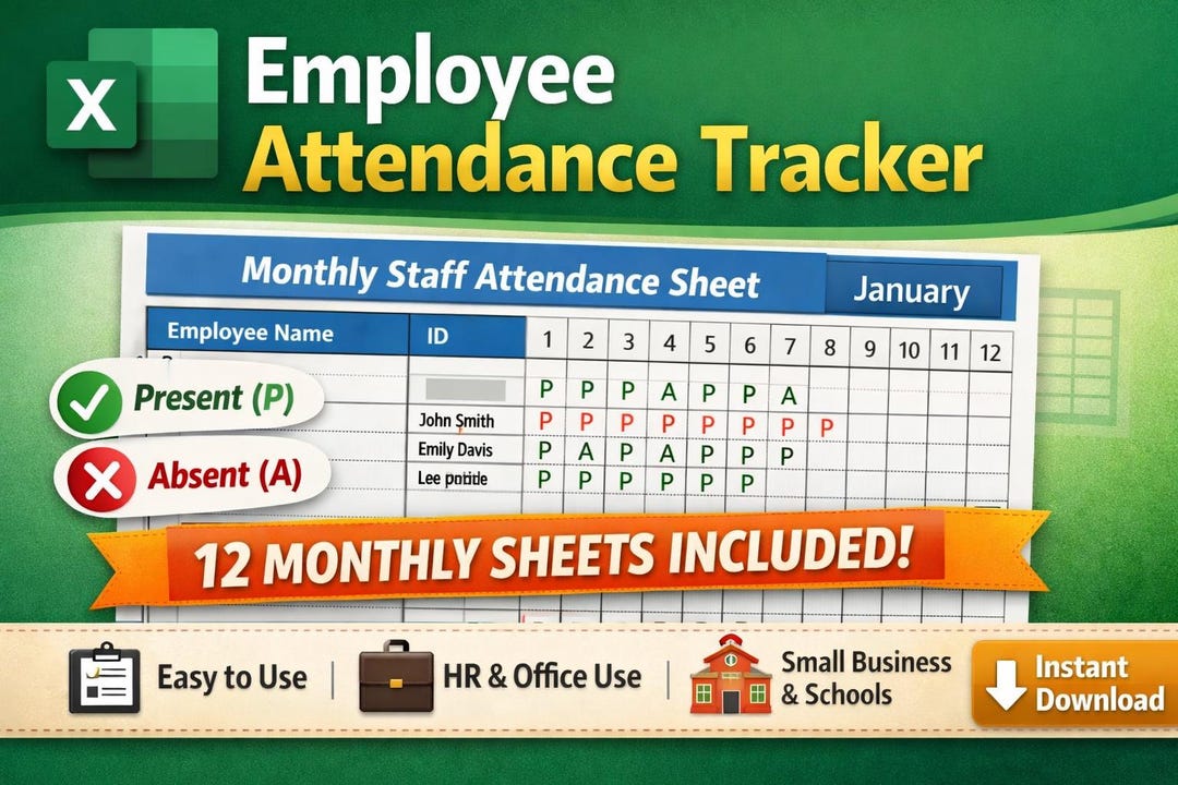Employee Attendance Tracker | Monthly Excel Template (12 Months ...