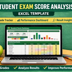 May include: Laptop displaying a student exam score analysis Excel template. The screen shows a student score summary and detailed exam results. A green apple, calculator, and notepad are on the wooden desk. Text includes "Student Exam Score Analysis" and "Track Grades."