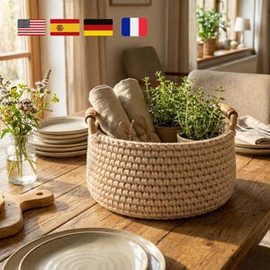 Puede incluir: Una cesta redonda de ganchillo beige con asas de madera, llena de servilletas de lino enrolladas y hierbas en macetas. La cesta está sobre una mesa de madera, junto a una pila de platos y un jarrón con flores, creando una estética rústica y hogareña.