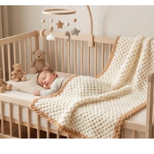 May include: A baby asleep in a wooden cot, covered with a cream-coloured, chunky knit blanket with a brown border. The cot has a mobile with wooden stars, moons, and clouds. Teddy bears are placed around the baby.