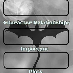 May include: A black and white image of a dragon with a grey background. The image is divided into sections with text labels: World Building, Main Character, Character Relationships, Important, Plots, Notes, and FMG/MMG.