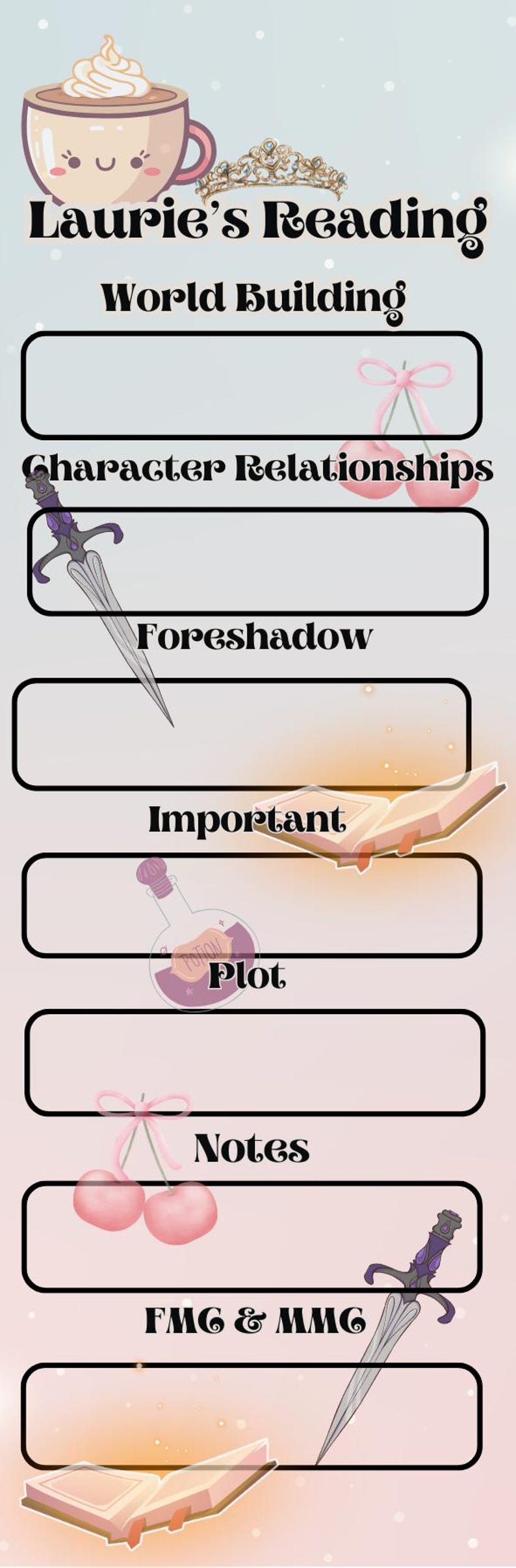 K&ouml;nnte beinhalten: Ein rosa-wei&szlig;er druckbarer Planer mit dem Titel "Laurie's Reading" und Abschnitten f&uuml;r "World Building", "Charakterbeziehungen", "Vorwegnahme", "Wichtig", "Handlung", "Notizen" und "FMC & MMC".