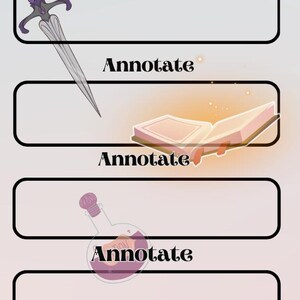 K&ouml;nnte beinhalten: Ein druckbarer digitaler Planer mit rosa und wei&szlig;em Hintergrund. Der Planer zeigt eine s&uuml;&szlig;e Kaffeetasse mit Schlagsahne und einer Krone oben drauf. Der Planer hat einen Titel, der "Your Title" lautet, und mehrere Abschnitte mit dem Wort "Annotate" und verschiedenen Symbolen. Die Symbole umfassen ein Buch, ein Schwert, eine Zaubertrankflasche und Kirschen.