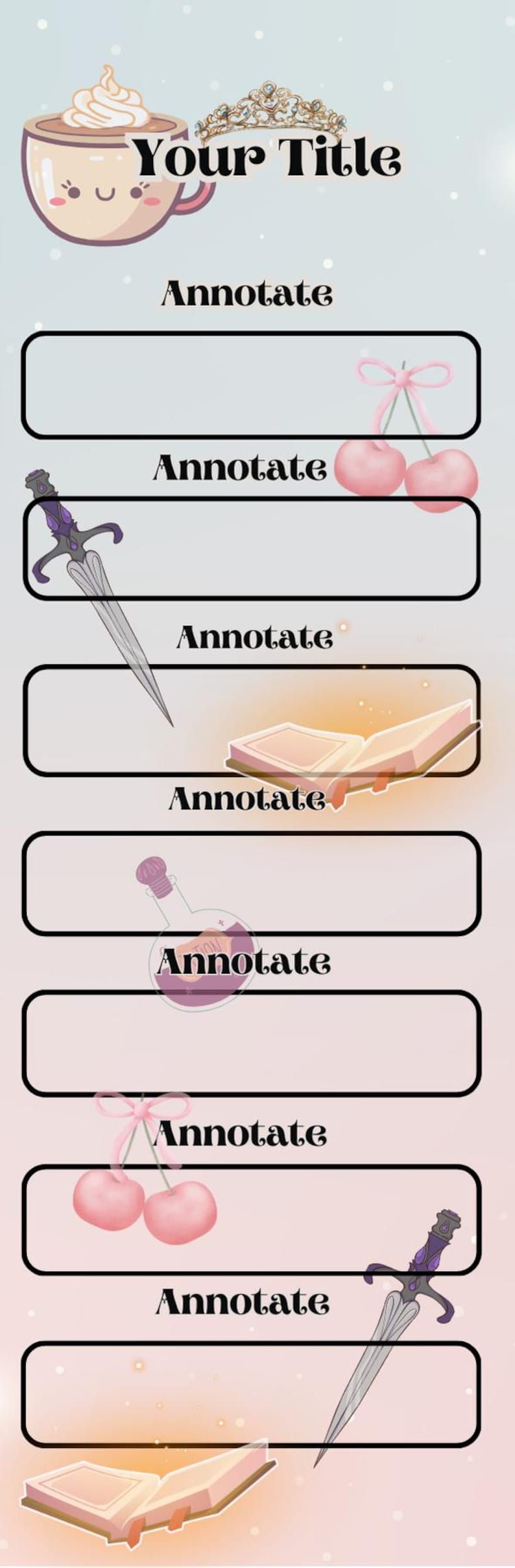 K&ouml;nnte beinhalten: Ein druckbarer digitaler Planer mit rosa und wei&szlig;em Hintergrund. Der Planer zeigt eine s&uuml;&szlig;e Kaffeetasse mit Schlagsahne und einer Krone oben drauf. Der Planer hat einen Titel, der "Your Title" lautet, und mehrere Abschnitte mit dem Wort "Annotate" und verschiedenen Symbolen. Die Symbole umfassen ein Buch, ein Schwert, eine Zaubertrankflasche und Kirschen.