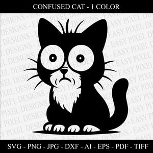 Confused Cat SVG PNG – Funny Cartoon Cat Silhouette | Cricut & Sublimation | Cute Cat Clipart for Mugs, Shirts, Stickers etc, Silly Cat PNG