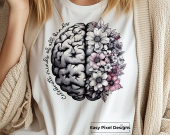 Neurodiversiteitsbewustzijn PNG voor shirtsublimatie, bloemen hersenen geestelijke gezondheid ontwerp, ADHD png, therapeut cadeau, vier verschillende geesten