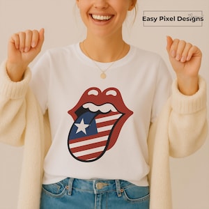 Labios patrióticos SVG PNG: Clipart de lengua con bandera estadounidense para Cricut y sublimación / Silueta estilo rock del 4 de julio / Archivo de artesanía estadounidense llamativo