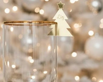 Personalized Christmas Tree Drink Tags, Wine Glass Charms