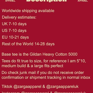 May include: A maroon informational graphic with white text featuring the ZARGA APPAREL logo at the top. The text provides details about the Gildan Heavy Cotton 5000 base tee, sizing references, social media handles for TikTok and Instagram, and instructions for checking order confirmations and shipment tracking.