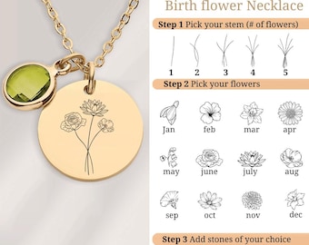 Family Birth Flower Bouquet Necklace, Engraved Birthflower Pendant, Mother‘s day Gift for Grandma, Birthstone Jewelry, Birthday Gift for Her