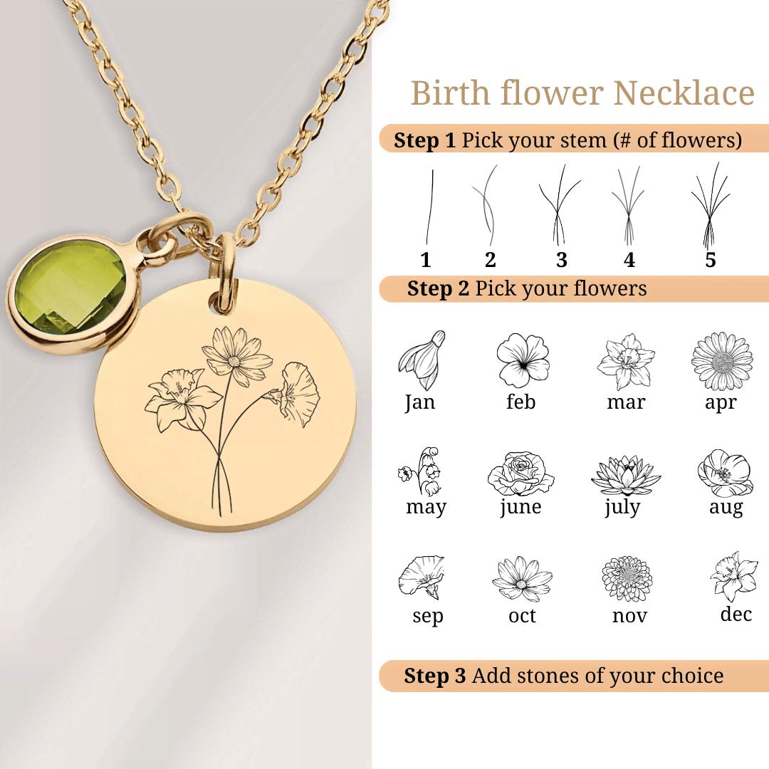 Birth Flower Bouquet Necklace, Combined Birth Flower Family Necklace, Floral Bouquet Necklace, Mother's Day Gift, Birthday Gift for Mom