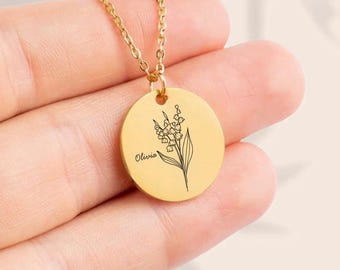 Personalized Birth Flower Disc Necklace, Month Initial Charm Necklace, Chain Necklace Jewellery, Christmas Bridesmaid Gift for Wedding/Mom