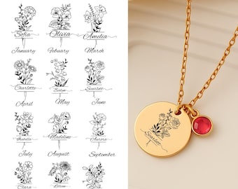 Personalized Birth Flower Disc Necklace, Month Initial Charm Necklace, Chain Necklace Jewellery, Christmas Bridesmaid Gift for Wedding, Mom