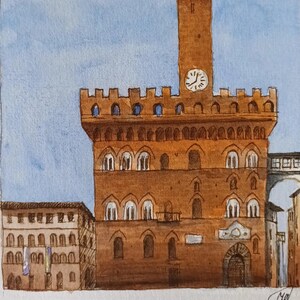Florence Piazza Signoria Watercolor Painting: Italian Cityscape Art