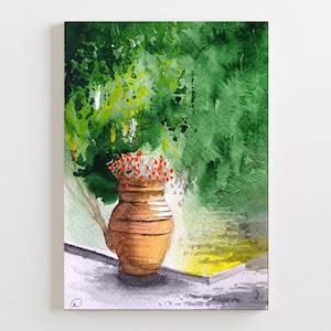 Italian Garden Art, Tuscan Orcia Watercolor Print with Red Flowers, Handcrafted Terracotta Pot Poster, Rustic Farmhouse Decor, Tuscany