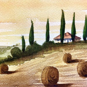 Tuscan Landscape Watercolor Painting – Sunset Countryside Art with Cypress Trees & Hay Bales – Italy Wall Art, Original Handmade Watercolor