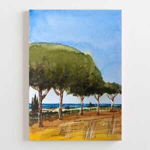 Lámina Pinos Marítimos Toscana, Cuadro Acuarela Costa Italiana, Poster Playa de Maremma, Decoración Pared Costera, Pintura Mar Tirreno