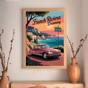Pôster Riviera Francesa | Cartaz vintage para download | Arte de parede Saint-Tropez | Carro retrô imprimível