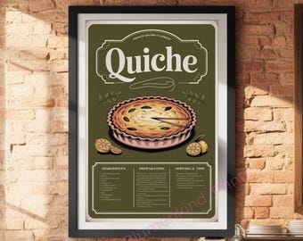 Receptposter Quiche | Franse keuken wanddecoratie | Retro keukenposter | Vintage food art | Digitale download | Frans bistro
