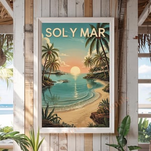 Póster Vintage Playa Sol y Mar Atardecer PDF + JPG | Arte Tropical para Salón, Baño, Casa de Vacaciones | Descarga Digital