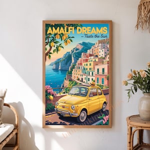 Póster digital Amalfi | Cartel retro imprimible Italia | Arte de pared Fiat 500 | Descarga instantánea vintage