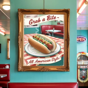 Digital Download Kitchen | Printable Art Hotdog Poster | American Diner Wall Decor | Retro Vintage Food Print