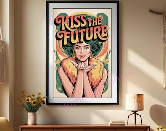 Retro poster with hippie woman | vintage pop art wall decor 70s style | printable art download wall art retro female motif