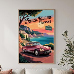 Póster Retro Costa Azul PDF & JPG | Lámina Vintage Viaje Saint Tropez Coche | Decoración Vacaciones | Descarga Digital Instantánea