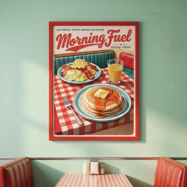 American Diner Kitchen Poster | Vintage Breakfast Print | Retro 1950s Wall Art | Instant Digital Download JPG+PDF