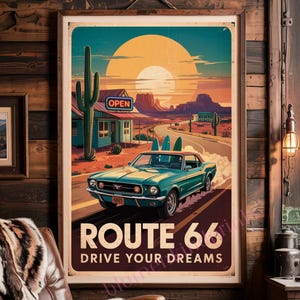 Plakat Route 66 Vintage | Drive Your Dreams Print | Retro Auto Obraz USA | Dekoracja Road Trip | Pobranie Cyfrowe PDF & JPG