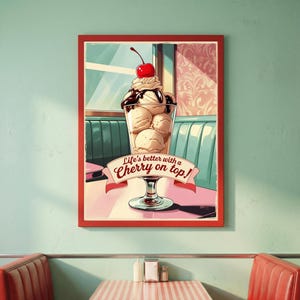 Póster helado Diner americano | Arte mural vintage años 50 | Decoración cocina retro con frase | Póster nostálgico | Cherry on Top