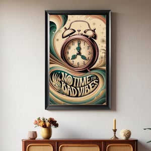 Retro Clock Poster – Vintage Wall Art – Mid-Century Print – Boho Decor – Psychedelic Illustration – Positive Quote – Digital Download