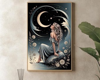 Boho Wall Art Spiritual Print | Moon Goddess Poster to Download | Feminine Energy Wall Decor | Mystical Boho Bedroom Decoration