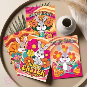 Cartes de Pâques Rétro Téléchargement | 4 Cartes de Vœux Digitales | Carte Printable Années 70 | Set de Cartes Hippie | Vintage Easter Print