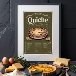 Póster receta Quiche | Arte de pared cocina francesa | Póster retro cocina | Arte vintage comida | Descarga digital | Bistró francés