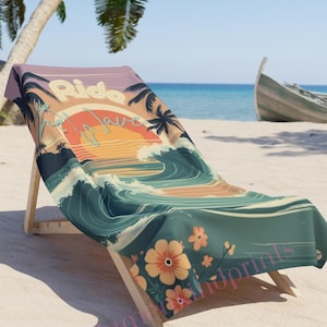 Boho Beach Towel Retro | Tropical Sunset Palm Print | Summer Festival Pool Towel | Beach Holiday Gift for Women | Print on demand