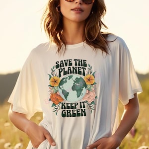 T-shirt Save the Planet – Message écologique avec fleurs & planète – Fichier imprimable à télécharger