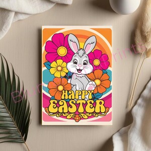 Cartolina Pasqua Retrò | Biglietto Pasqua Vintage | Carta Digitale | Coniglio Hippie | Anni 70 Pasqua