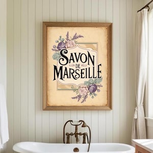 Vintage Bathroom Poster | Savon de Marseille Wall Art | French Bathroom Decor | Shabby Chic Printable | Digital Download